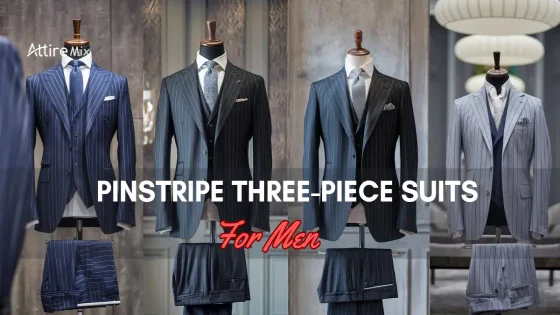 Assorted Pinstripe Three-Piece Suits for men displayed in a boutique