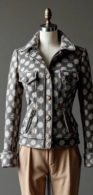 Gray plaid jacket with floral pattern on mannequin