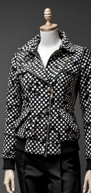 Black and white polka dot jacket on mannequin