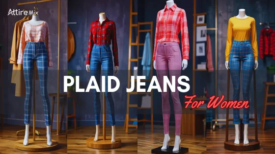 High-waisted plaid jeans styled with ankle boots