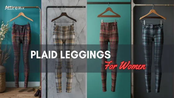 Plaid leggings for women in various colors and patterns are displayed on hangers.