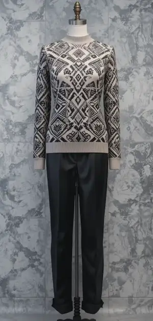 Elegant black and white patterned sweater with trousers