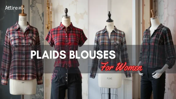 A selection of women’s plaid blouses in red tones with different sleeve options.