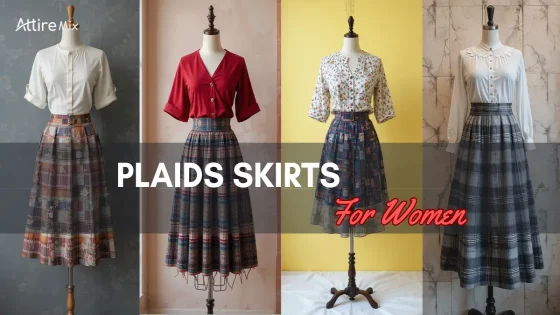 Beautiful plaid skirts paired with stylish tops, offering a vintage aesthetic.