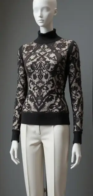 Black lace patterned sweater with beige trousers