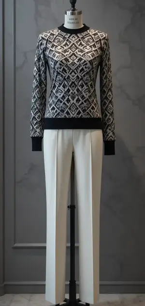 Black and white plaid sweater with white trousers