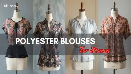 Four polyester blouses featuring floral patterns, sheer details, and unique cuts.