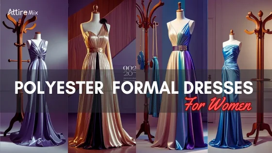 Women in elegant polyester evening dresses.