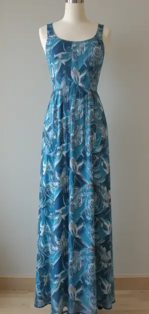 Blue sleeveless maxi dress with leaf pattern
