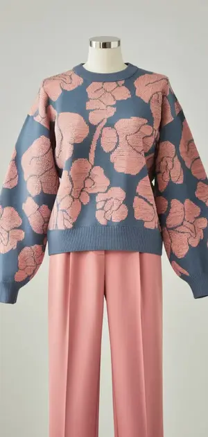 Mannequin showcasing a blue and pink floral polyester sweater
