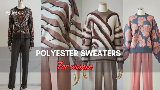 Assorted collection of polyester sweaters for women displayed on mannequins