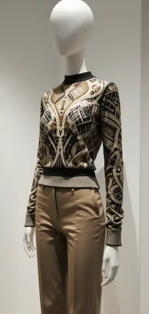 Mannequin dressed in a black and gold patterned polyester sweater with trousers