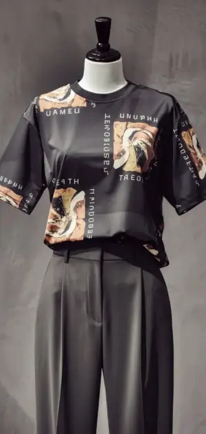Mannequin sports a black polyester t-shirt with artistic face prints and text elements