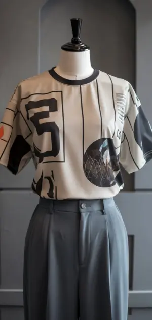 Mannequin in a beige polyester t-shirt with large black numeric and graphic prints