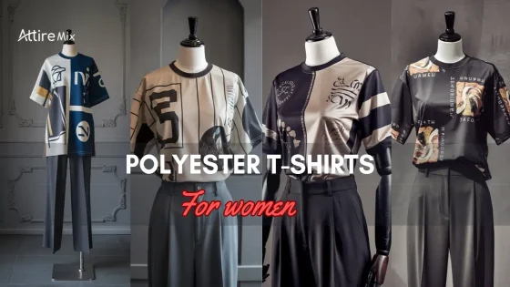 Collection of polyester t-shirts for women displayed on mannequins