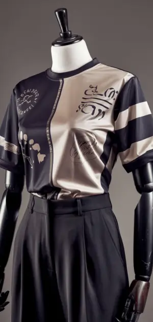 Mannequin displays a chic black and beige polyester t-shirt with unique graphic designs