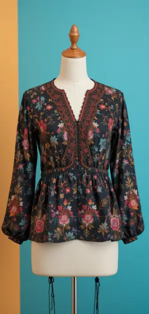 A dark floral polyester blouse featuring a peplum fit, lace detailing, and long sleeves.