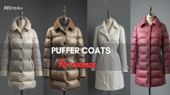 Assorted stylish puffer coats for women on display