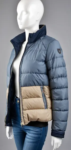 Navy and tan two-tone puffer jacket on mannequin