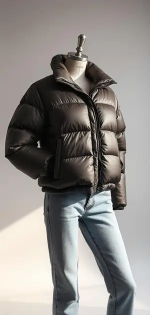 Oversized black puffer jacket on display