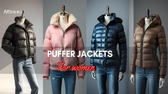 Collection of puffer jackets for women on mannequins