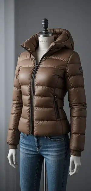 Brown puffer jacket with zip-up front on mannequin.