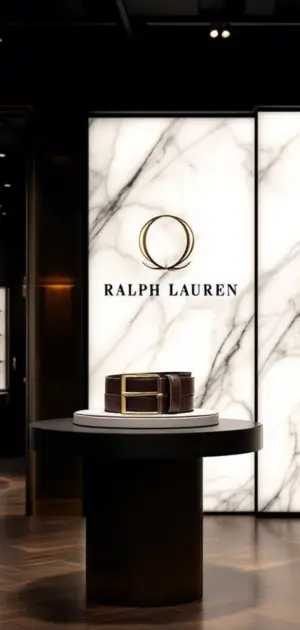 Brown Ralph Lauren belt with a gold buckle on a branded display