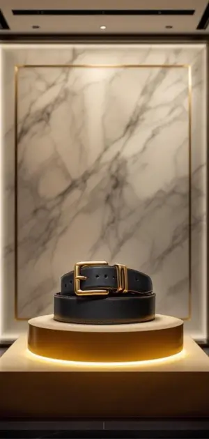 Black leather belt with gold buckle on a lit marble backdrop