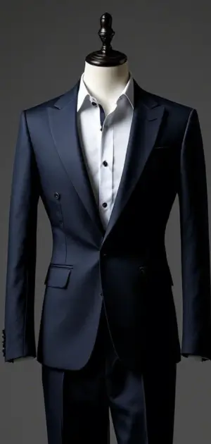 A navy double-breasted blazer with a white dress shirt on a mannequin