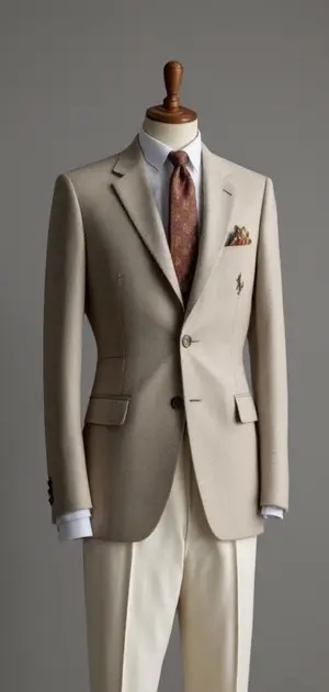Beige Ralph Lauren blazer with a brown tie and pocket square