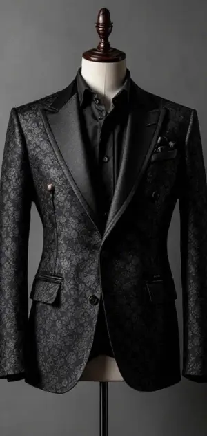 A black patterned blazer with satin lapels, black shirt, and pocket square on a mannequin