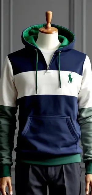 Navy Ralph Lauren hoodie with white and green colour blocks