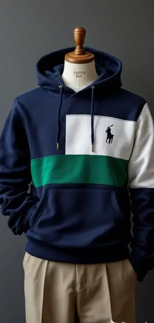 Navy Ralph Lauren hoodie with green accents for men.