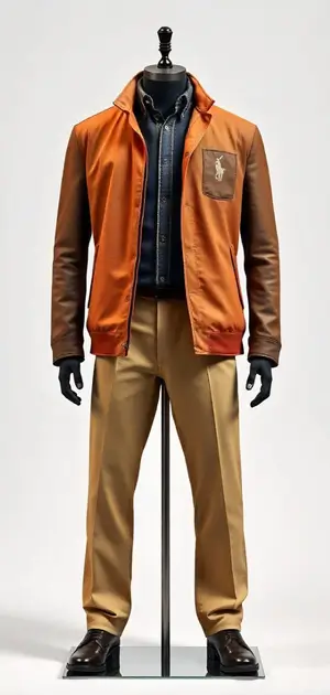 Orange Ralph Lauren jacket with a logo patch, paired with beige trousers