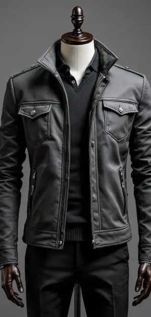 Black leather jacket with chest pockets and zippered sides, styled with black clothing on a mannequin