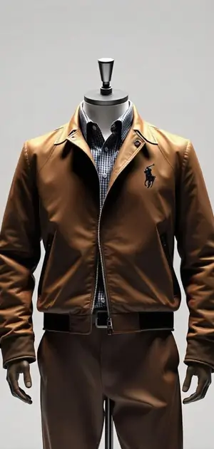 Brown Ralph Lauren jacket with an embroidered logo, styled with a checked shirt