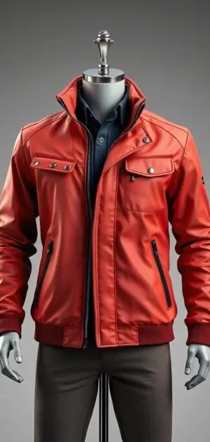 Red bomber-style leather jacket with flap pockets and zipper accents on a mannequin