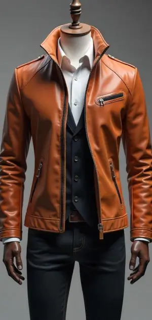 Brown leather jacket with zipper pockets, layered over a white shirt and black vest on a mannequin