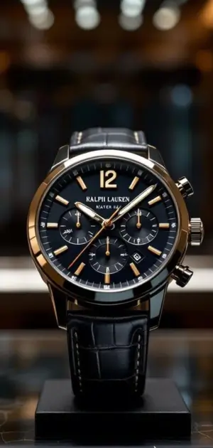 Ralph Lauren black dial chronograph watch with gold accents and a leather strap.