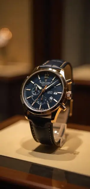 Ralph Lauren blue dial watch with gold detailing and a leather strap