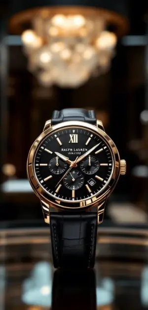 A Ralph Lauren black leather strap watch with a black dial and gold accents