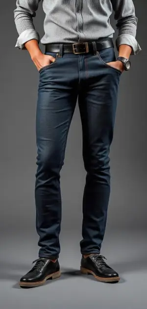 Man in dark indigo slim-fit jeans with a black belt and brown dress shoes