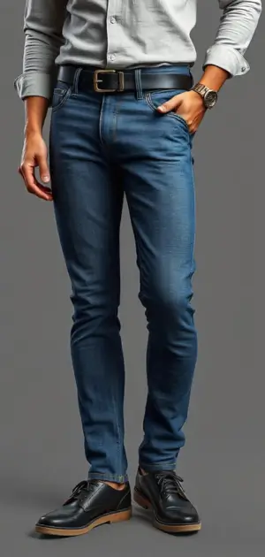 Man in slim-fit blue jeans with a black belt and black dress shoes
