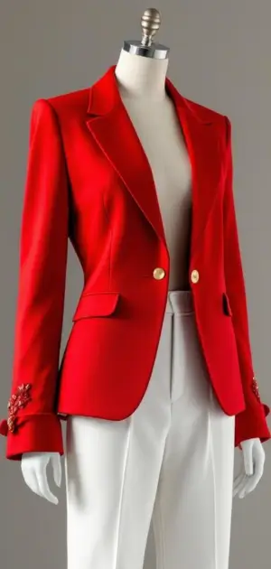 Red blazer with gold buttons and white trousers
