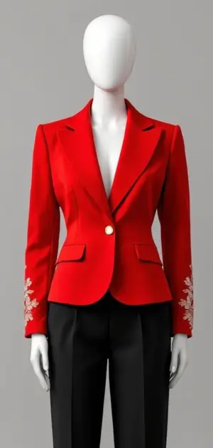 Red blazer with embroidery on the cuffs