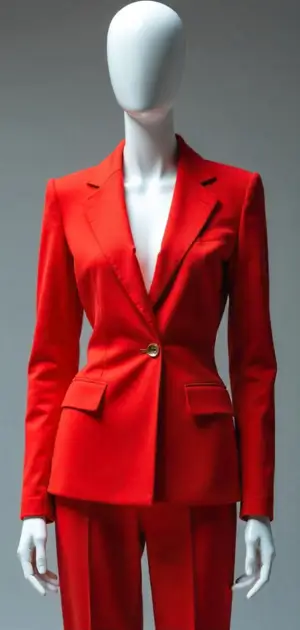 Red blazer with single gold button for women