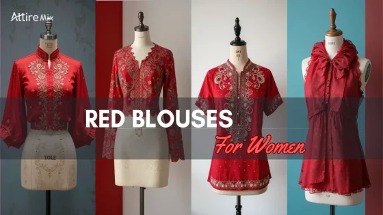 Four stunning red blouses featuring exquisite embroidery and unique designs.
