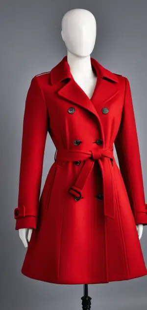 Elegant red coat with belt and lapel collar