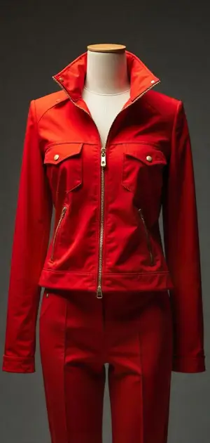 Textured red jacket with detailed pocket design on a mannequin