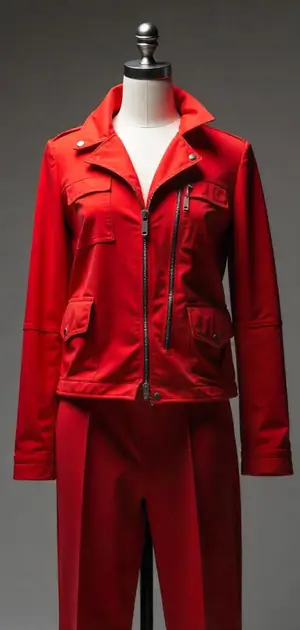Red zip-up jacket with sharp collar design